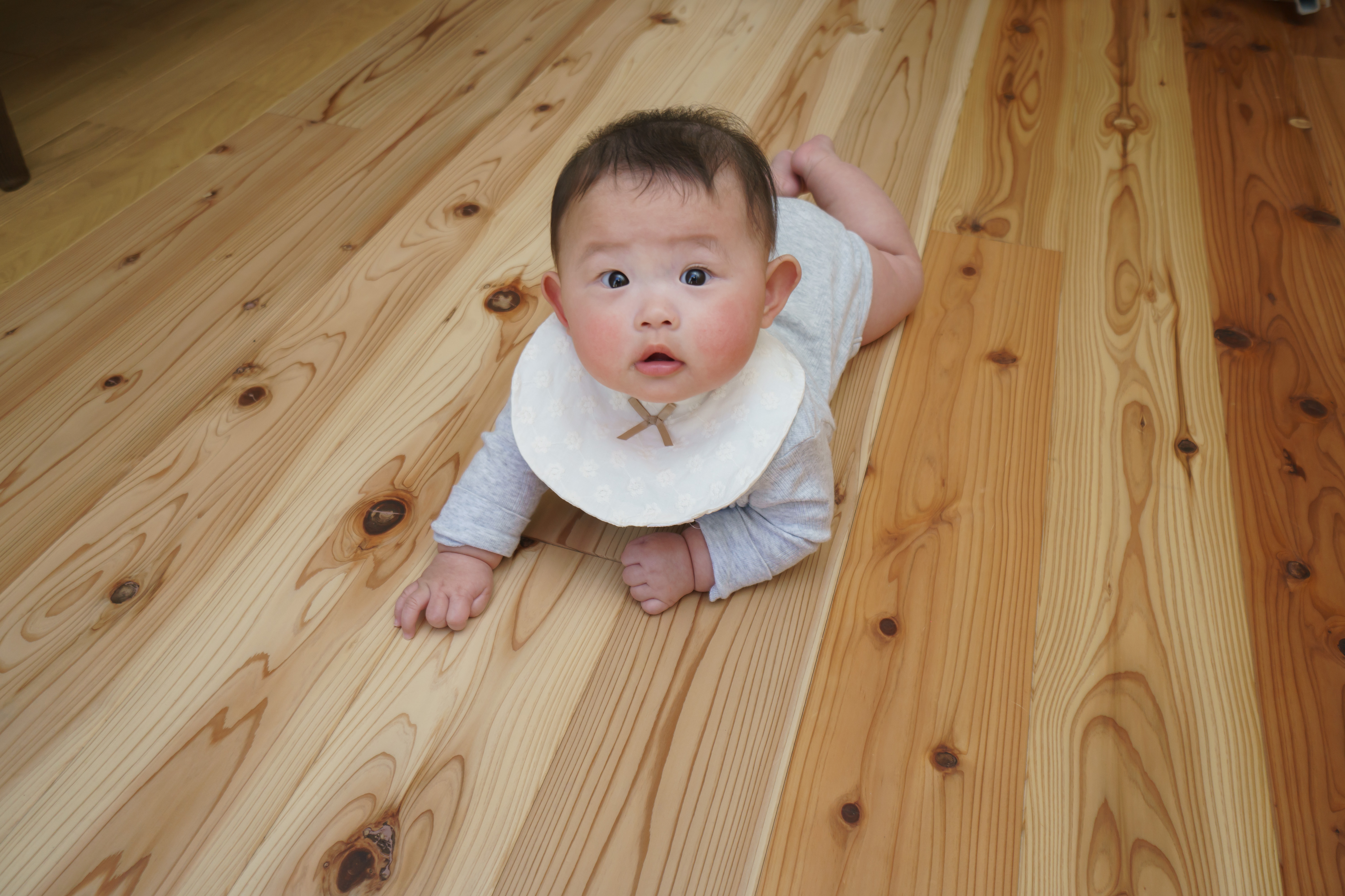 写真：無垢フローリングの上をはいはいする赤ちゃん